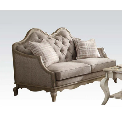 Chic Comfort: Beige and Brown Linen Love Seat with Toss Pillows