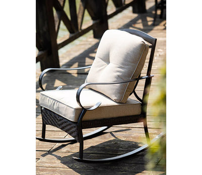 Tranquil Retreat: Black Steel Patio Rocking Chair with Beige Cushions