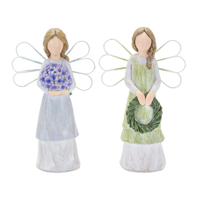Angelic Elegance: Set Of Two 7" Green Polyresin Angel Figurine