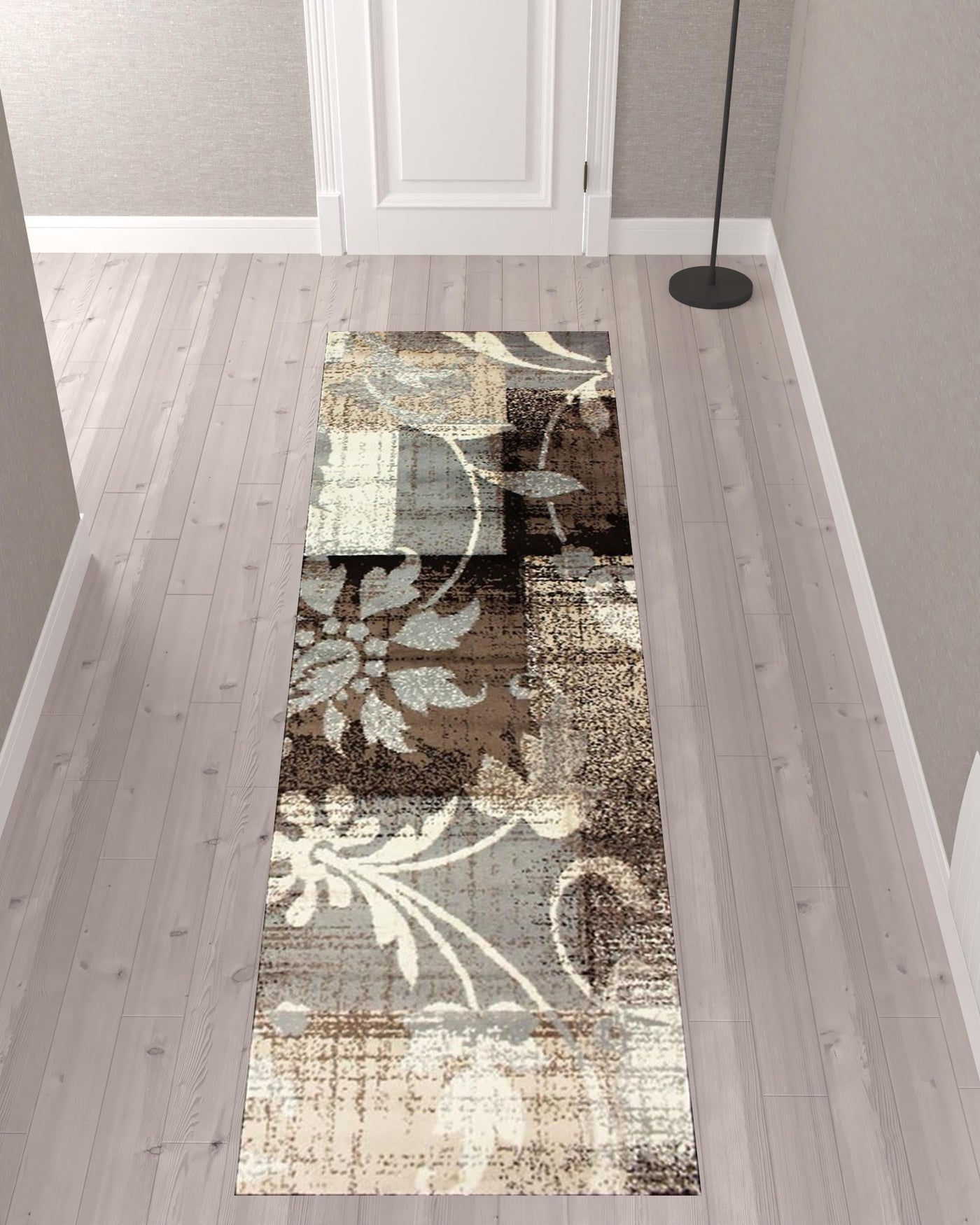 10’ Beige And Gray Floral Power Loom Distressed Stain Resistant Runner Rug - Area Rugs