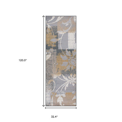 10’ Beige And Gray Floral Power Loom Distressed Stain Resistant Runner Rug - Area Rugs