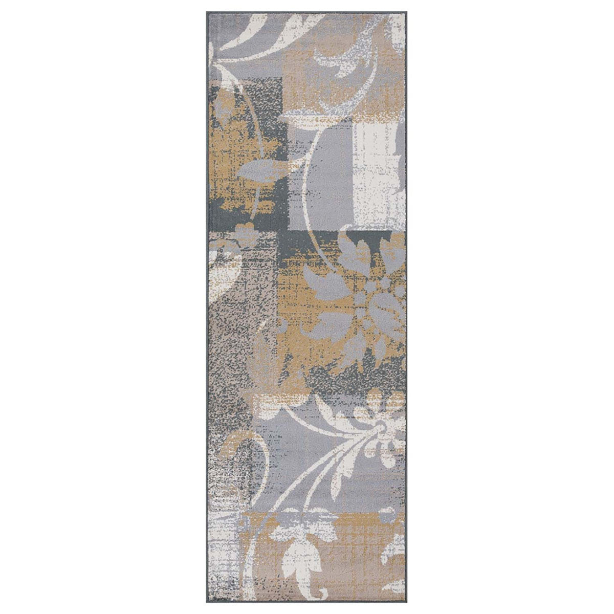 10’ Beige And Gray Floral Power Loom Distressed Stain Resistant Runner Rug - Area Rugs