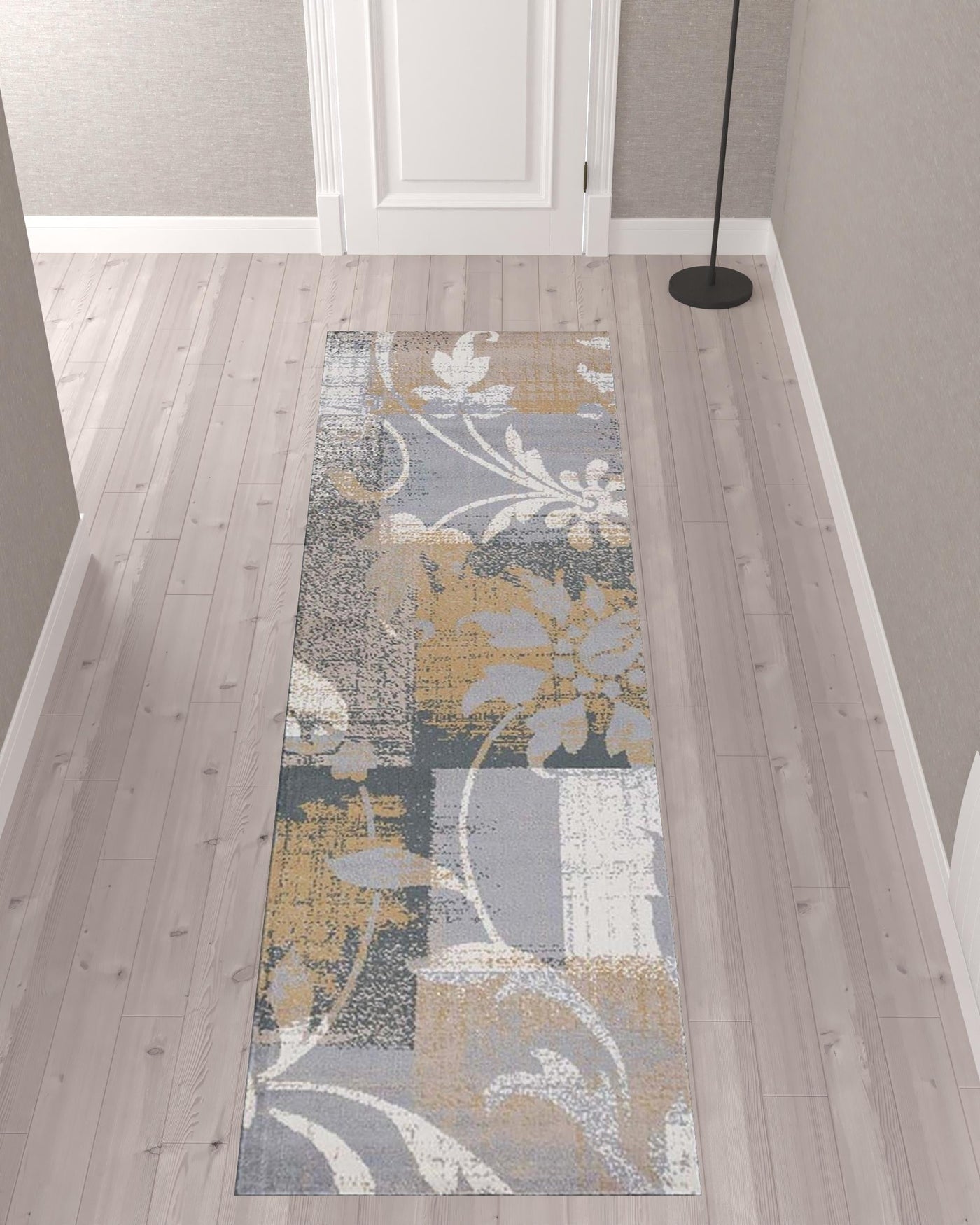 10’ Beige And Gray Floral Power Loom Distressed Stain Resistant Runner Rug - Area Rugs