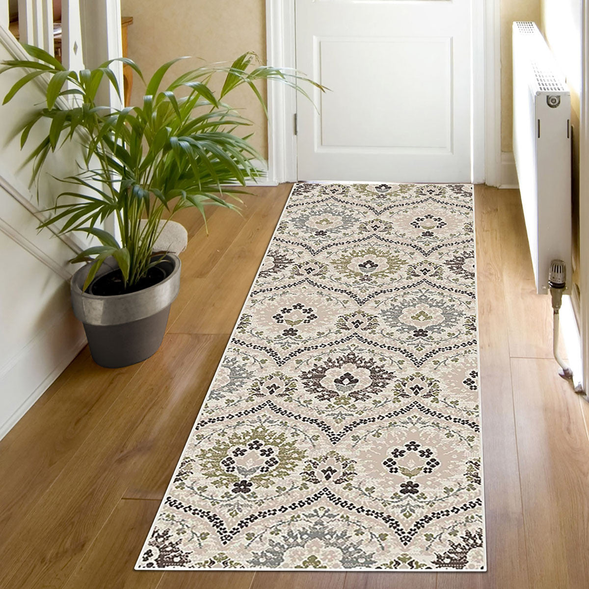 10’ Beige Ivory And Brown Floral Stain Resistant Runner Rug - Area Rugs