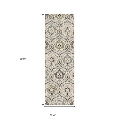 10’ Beige Ivory And Brown Floral Stain Resistant Runner Rug - Area Rugs