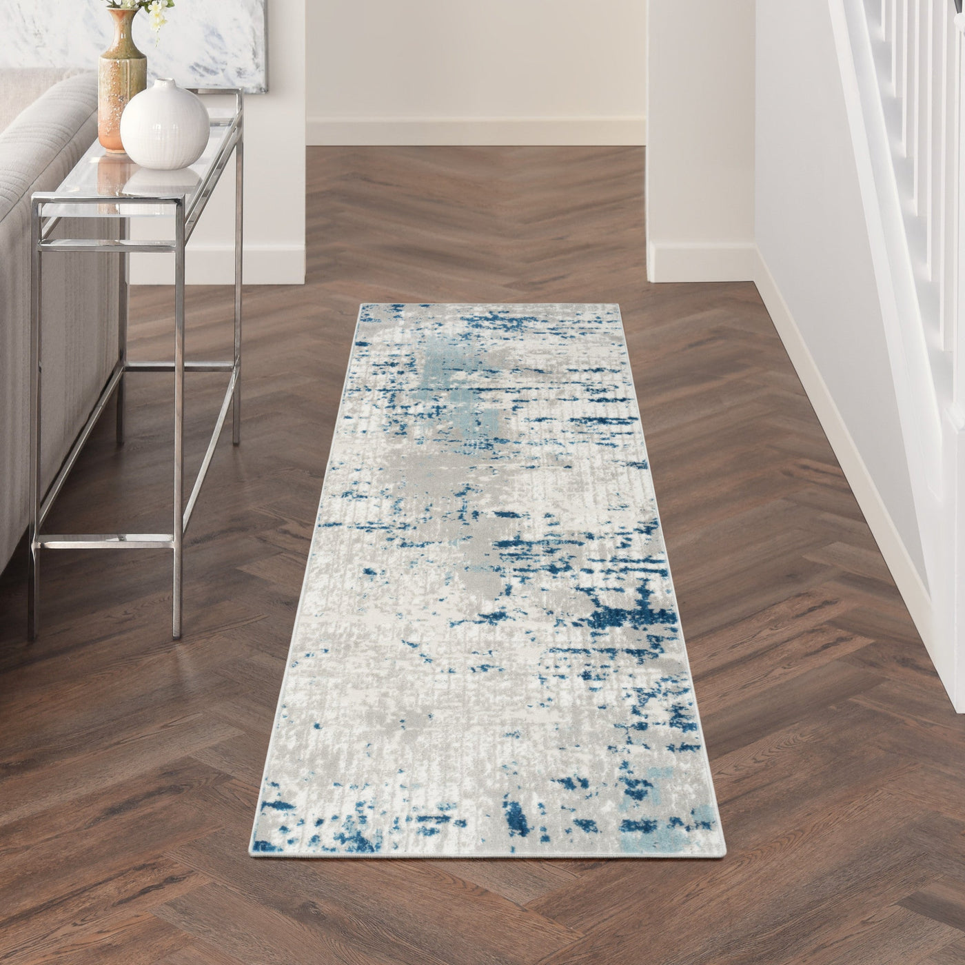 10’ Blue and Gray Abstract Power Loom Runner Rug - Area Rugs