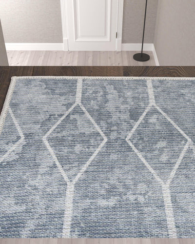 10’ Blue and Gray Geometric Power Loom Washable Runner Rug - Area Rugs