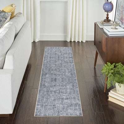 10’ Blue and Gray Geometric Power Loom Washable Runner Rug - Area Rugs