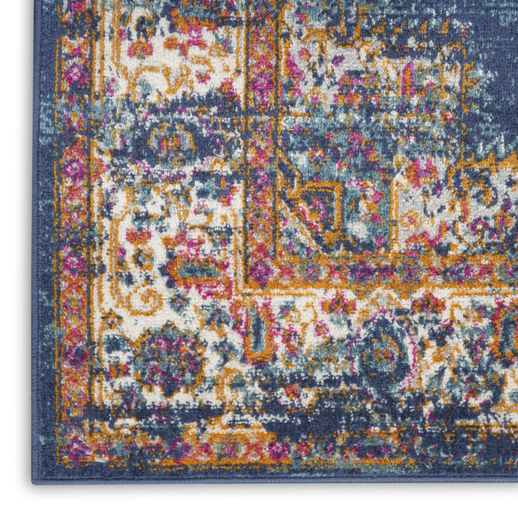 10’ Blue and Ivory Oriental Power Loom Distressed Runner Rug - Area Rugs