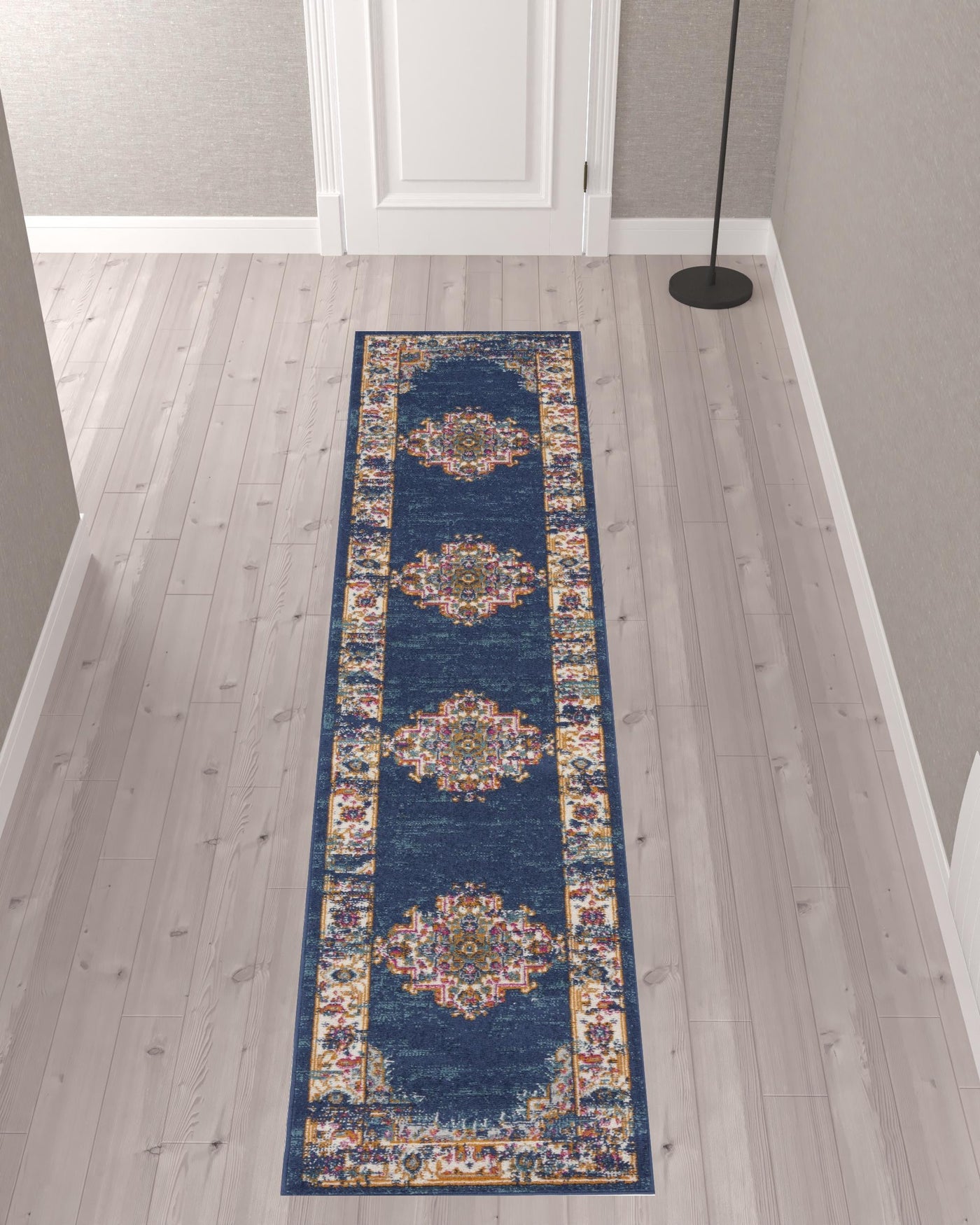 10’ Blue and Ivory Oriental Power Loom Distressed Runner Rug - Area Rugs