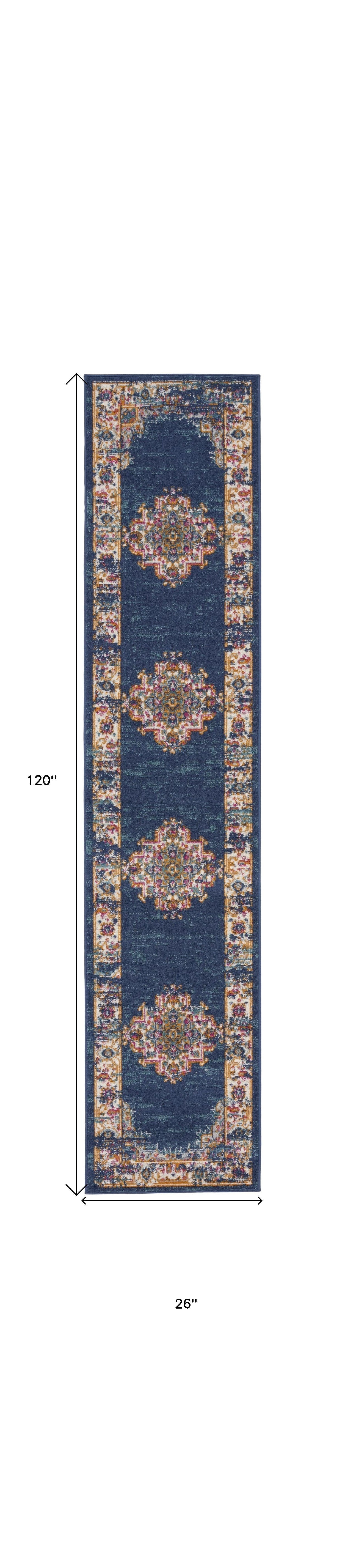 10’ Blue and Ivory Oriental Power Loom Distressed Runner Rug - Area Rugs