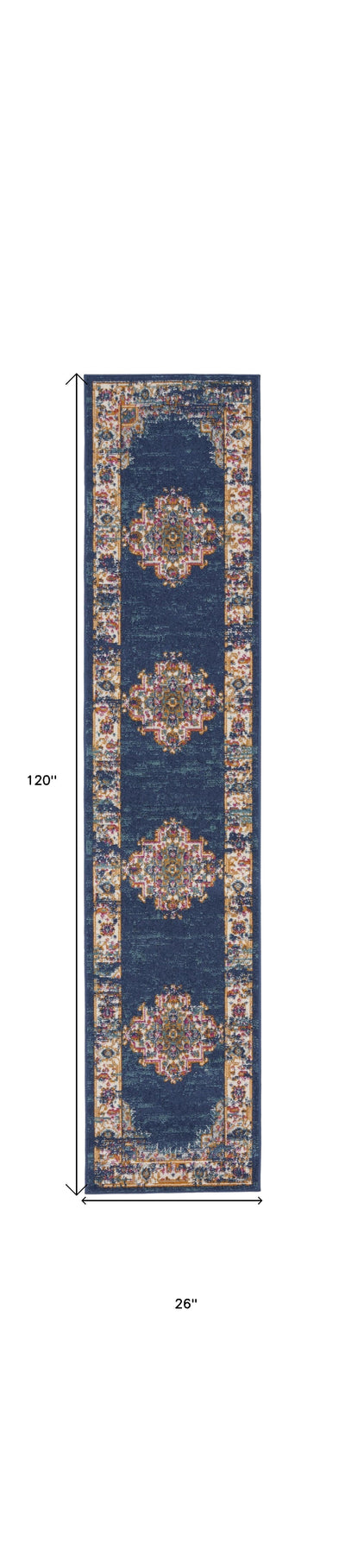 10’ Blue and Ivory Oriental Power Loom Distressed Runner Rug - Area Rugs