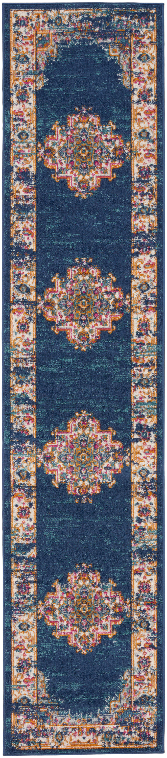 10’ Blue and Ivory Oriental Power Loom Distressed Runner Rug - Area Rugs