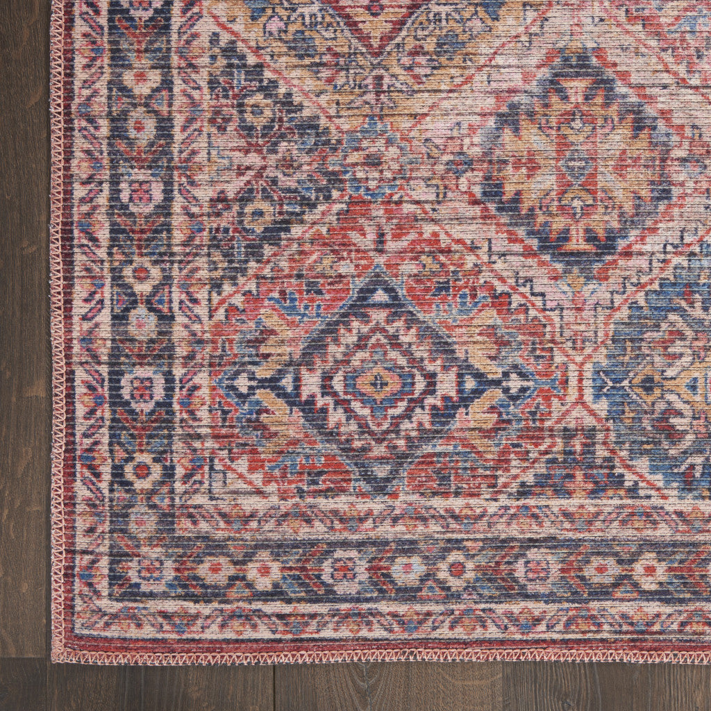 10’ Blue and Red Floral Power Loom Distressed Washable Runner Rug - Area Rugs