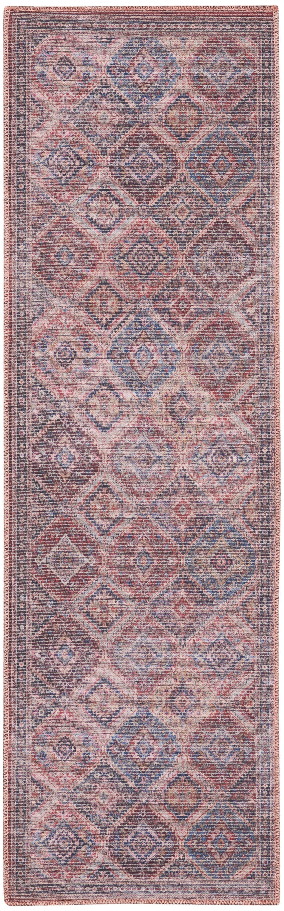 10’ Blue and Red Floral Power Loom Distressed Washable Runner Rug - Area Rugs