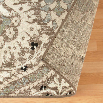 10’ Ivory Beige And Light Blue Floral Stain Resistant Runner Rug - Area Rugs