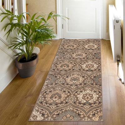 10’ Ivory Beige And Light Blue Floral Stain Resistant Runner Rug - Area Rugs