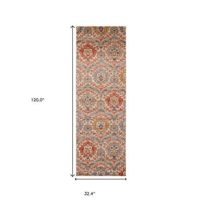 10’ Ivory Orange And Gray Floral Stain Resistant Runner Rug - Area Rugs