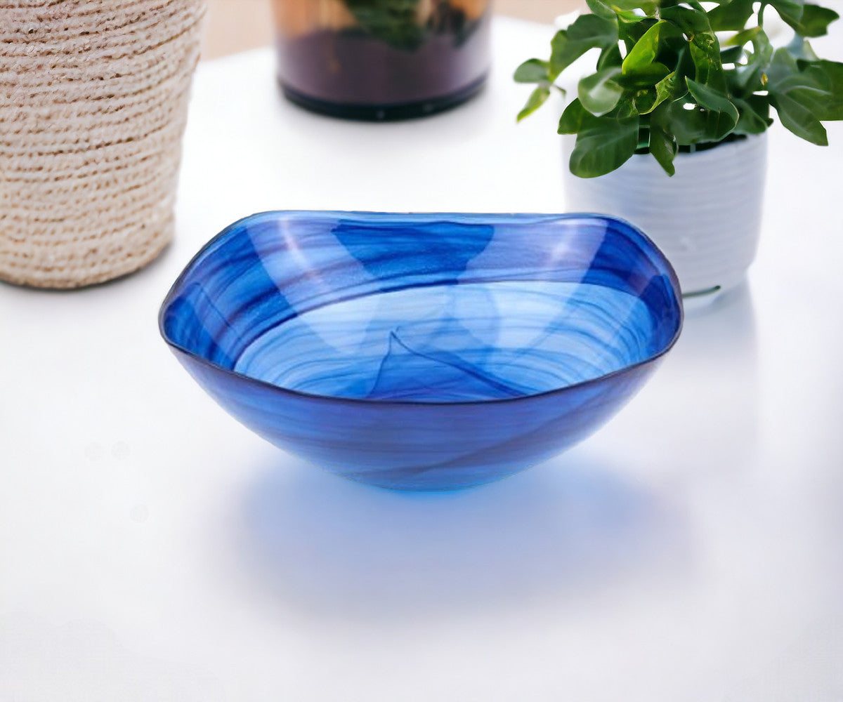 10’’ Modern Soft Square Blue Swirl Glass Bowl - Serving Bowls