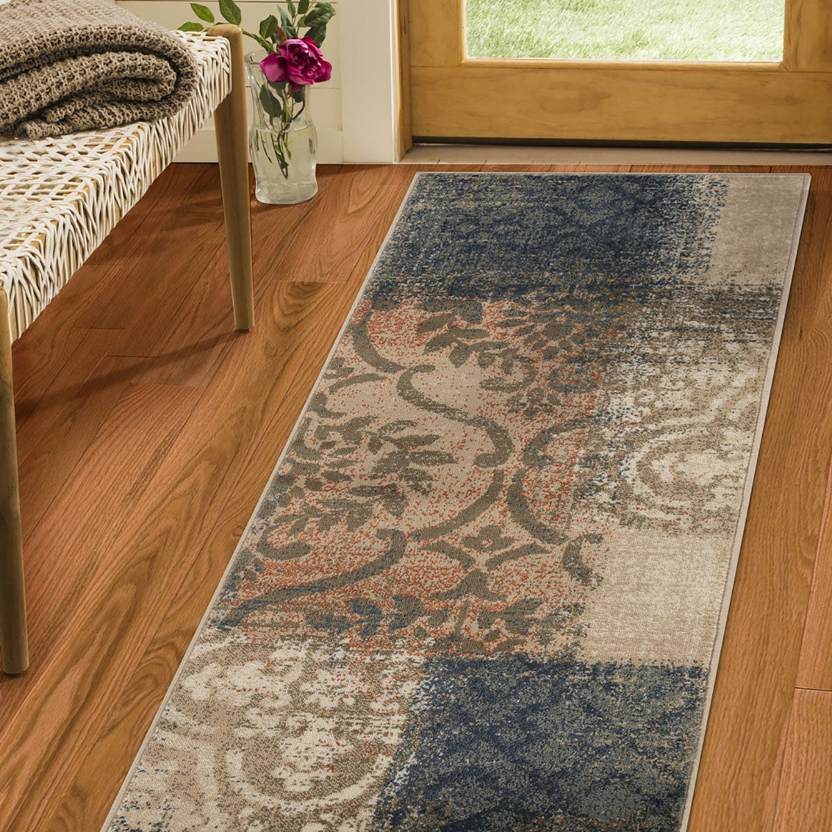 10’ Navy And Salmon Damask Distressed Stain Resistant Runner Rug - Area Rugs