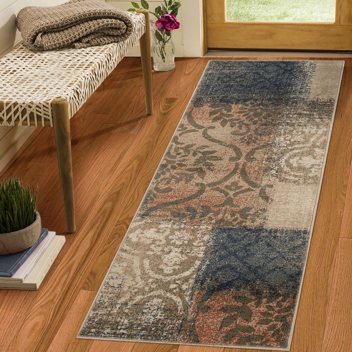 10’ Navy And Salmon Damask Distressed Stain Resistant Runner Rug - Area Rugs