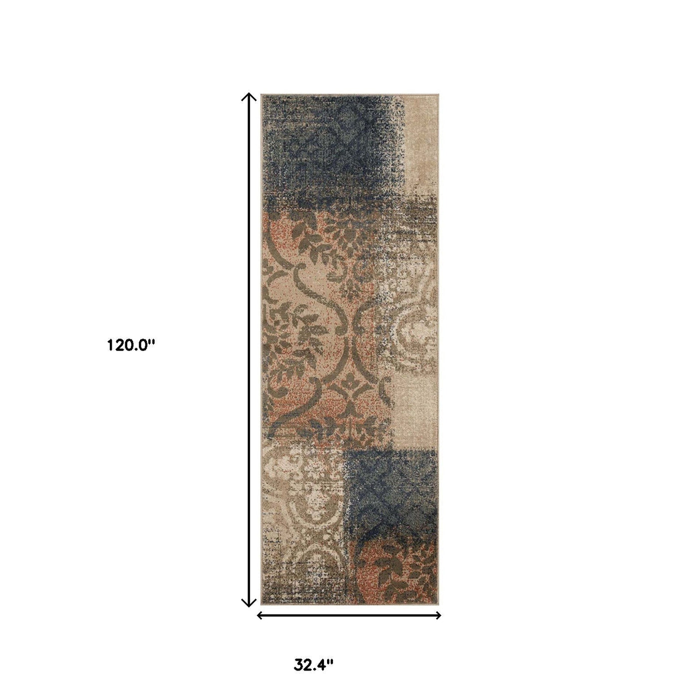 10’ Navy And Salmon Damask Distressed Stain Resistant Runner Rug - Area Rugs