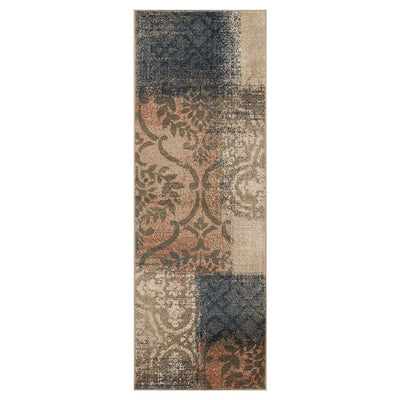 10’ Navy And Salmon Damask Distressed Stain Resistant Runner Rug - Area Rugs