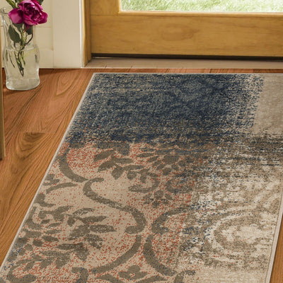 10’ Navy And Salmon Damask Distressed Stain Resistant Runner Rug - Area Rugs