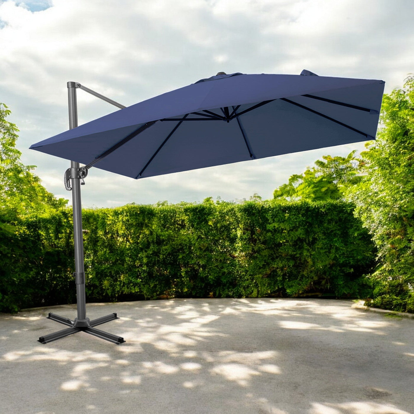 10’ Navy Blue Polyester Square Tilt Cantilever Patio Umbrella With Stand - Outdoor Umbrellas