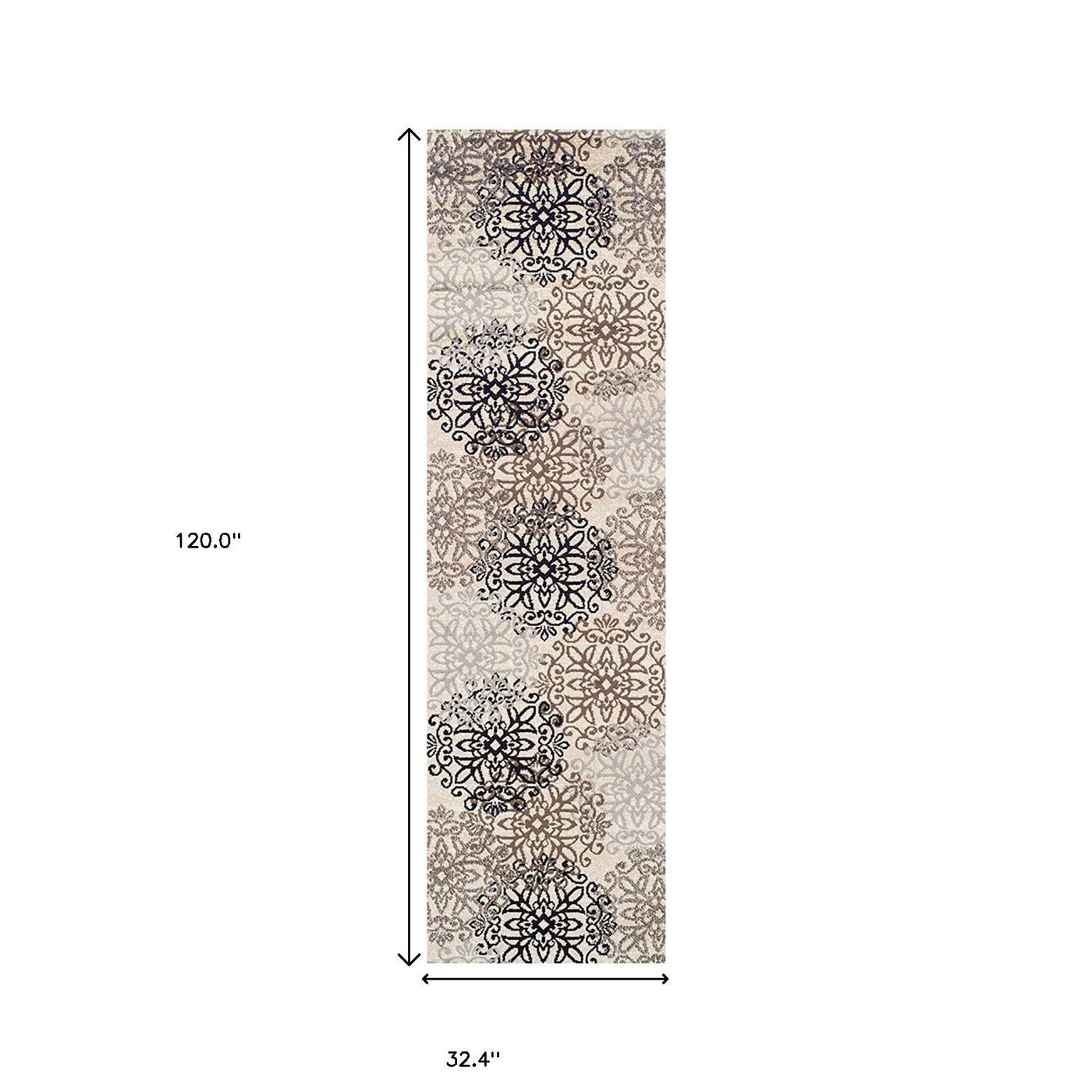 10’ Tan Gray And Black Floral Medallion Stain Resistant Runner Rug - Area Rugs