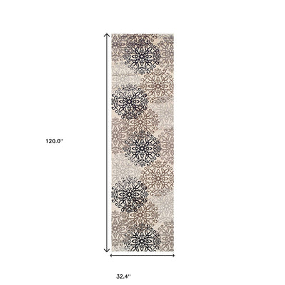 10’ Tan Gray And Black Floral Medallion Stain Resistant Runner Rug - Area Rugs