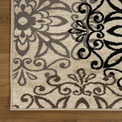 10’ Tan Gray And Black Floral Medallion Stain Resistant Runner Rug - Area Rugs