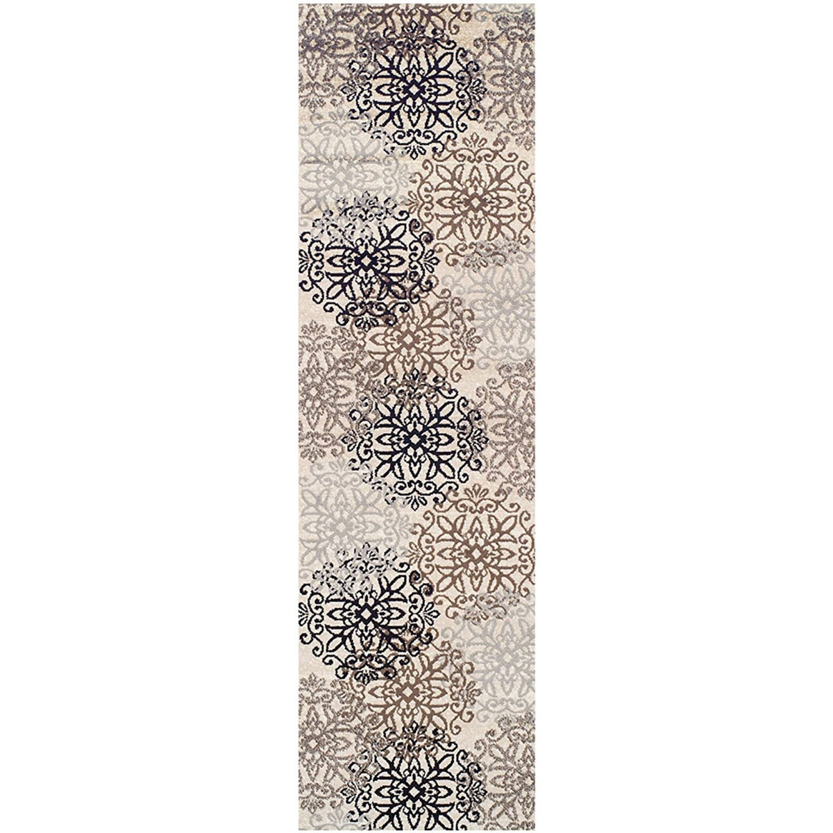 10’ Tan Gray And Black Floral Medallion Stain Resistant Runner Rug - Area Rugs