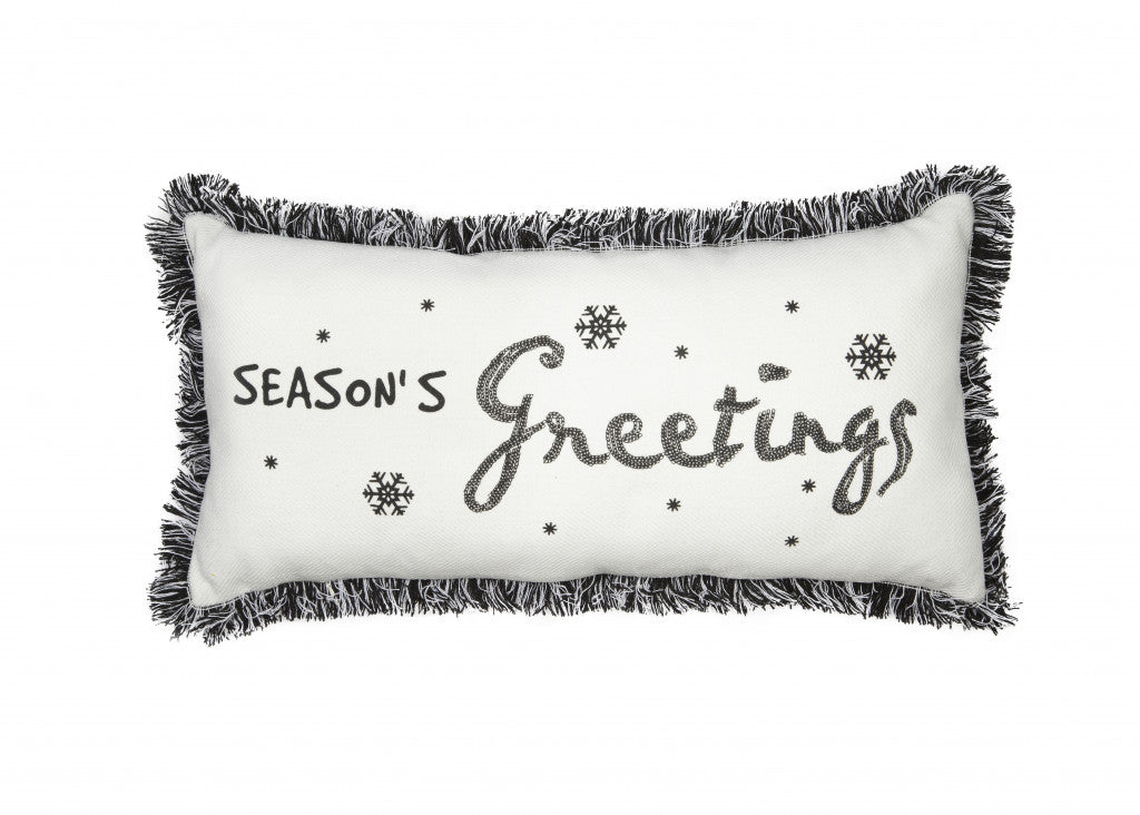 10’x20’ Black and White Christmas Seasons Greetings Pillow With Fringe - Accent Throw Pillows