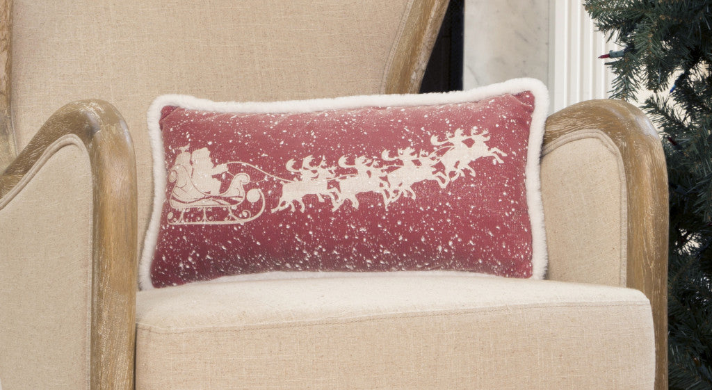 10’x20’ Red and Off White Deer Snow Christmas Santa and Sleigh Polyester Zippered Pillow - Accent Throw Pillows