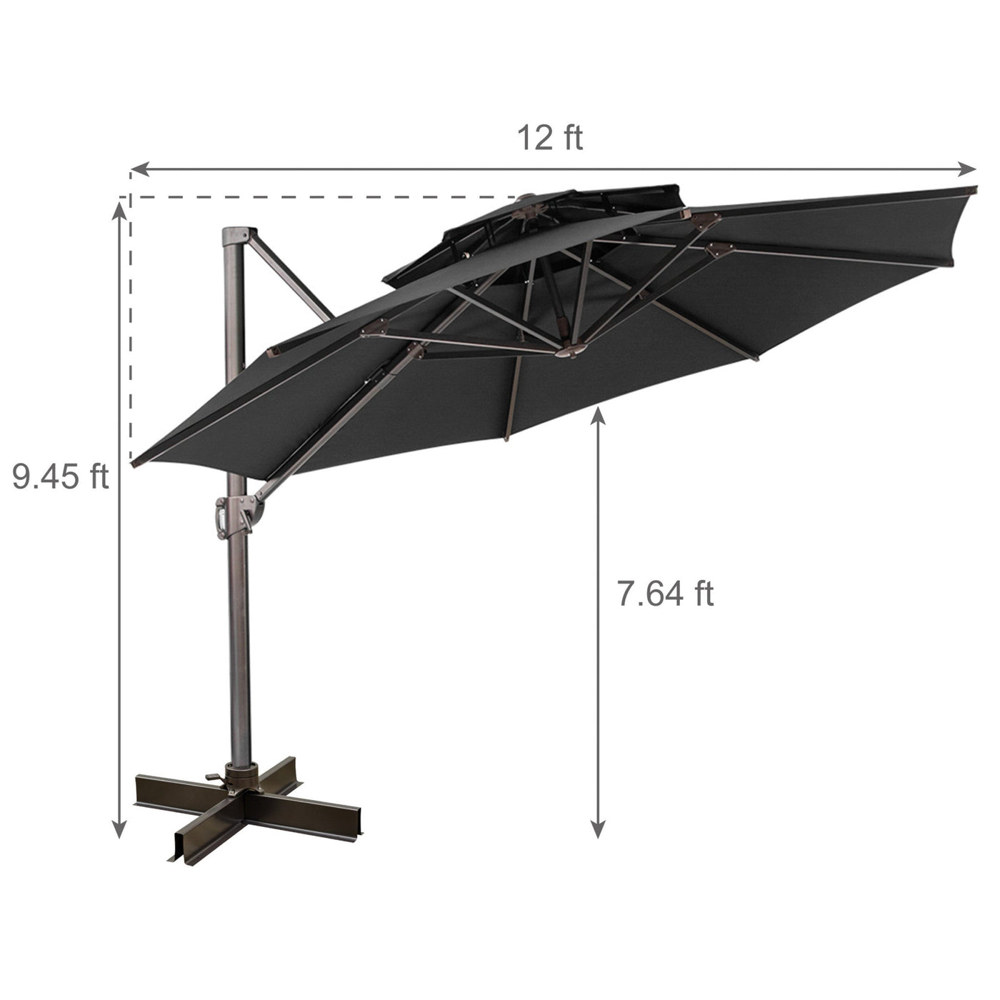 12’ Black Polyester Round Tilt Cantilever Patio Umbrella With Stand - Outdoor Umbrellas