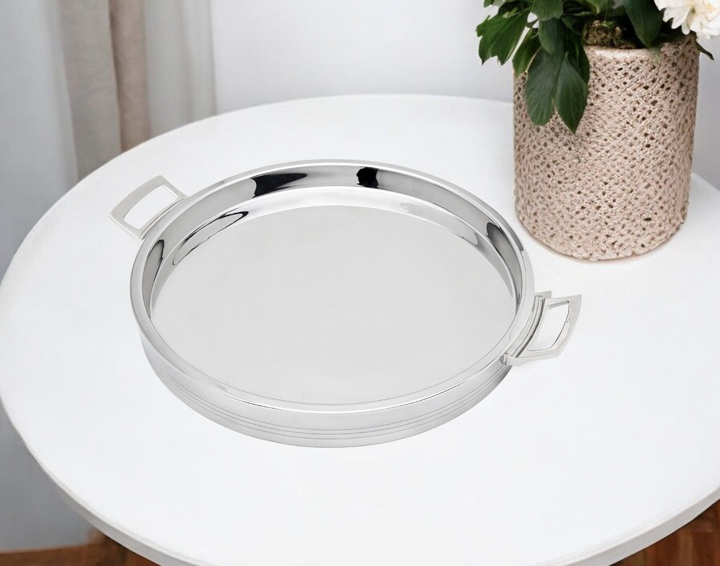 12’’ Silver Round Stainless Steel Tray With Handles - Trays