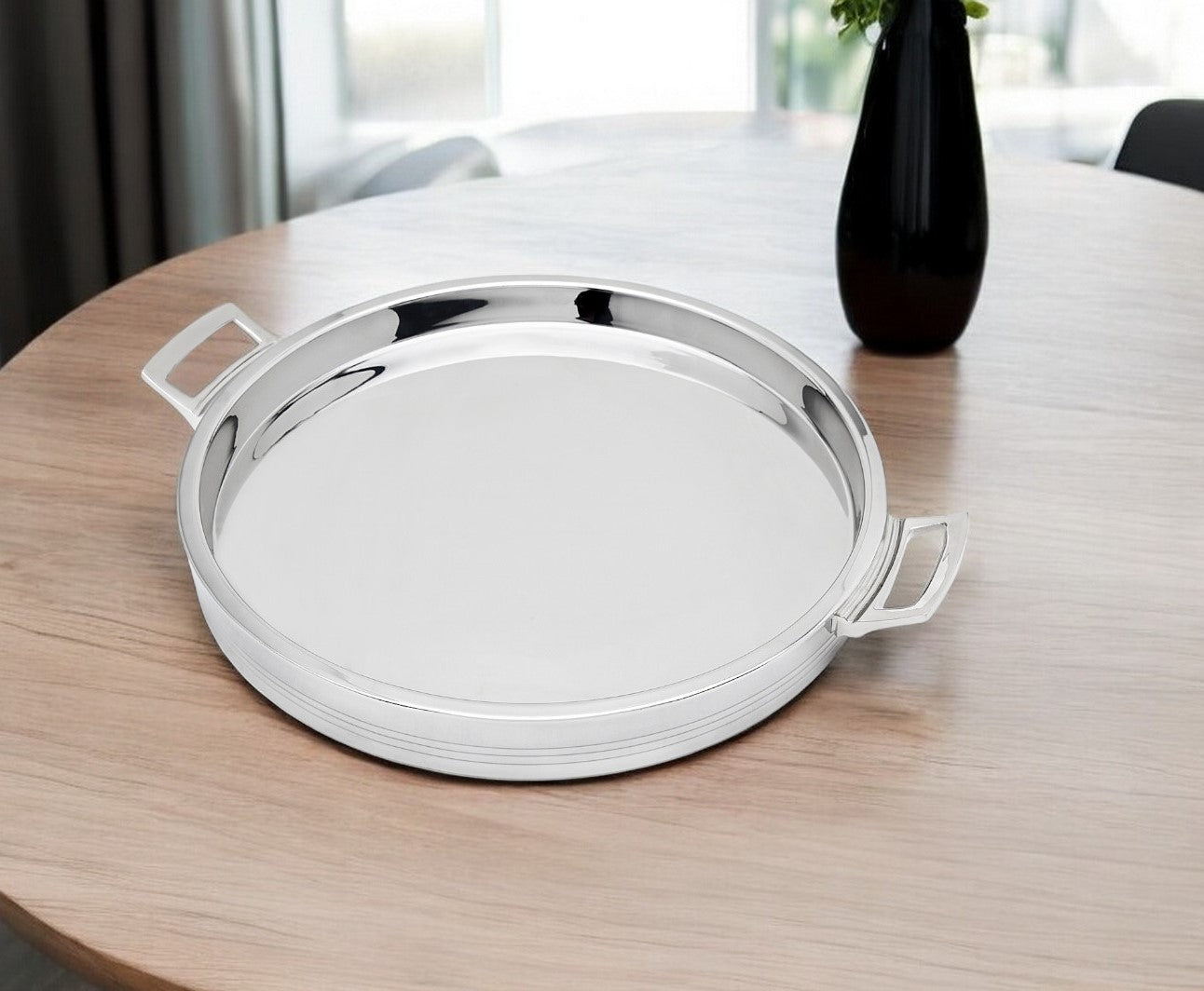 12’’ Silver Round Stainless Steel Tray With Handles - Trays