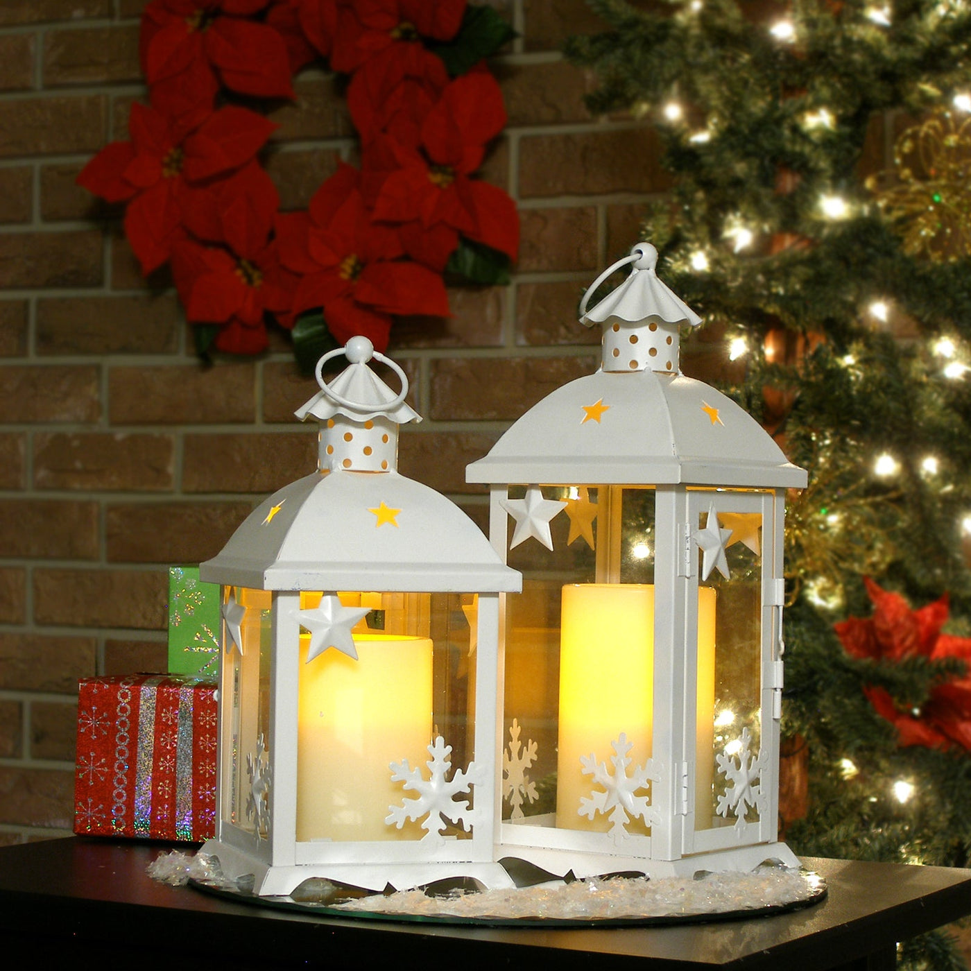 12’’ White Metal Tabletop Lantern Candle Holder With Candle - Candle Holders