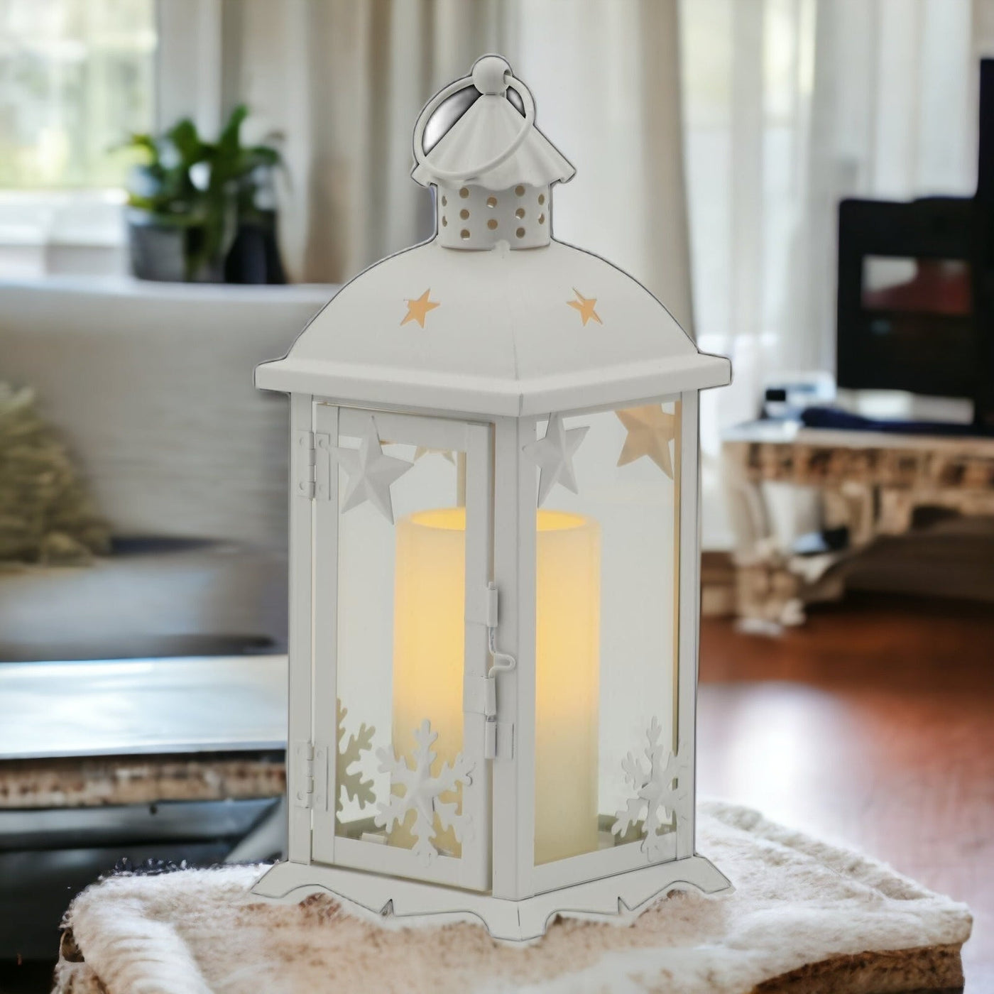 12’’ White Metal Tabletop Lantern Candle Holder With Candle - Candle Holders