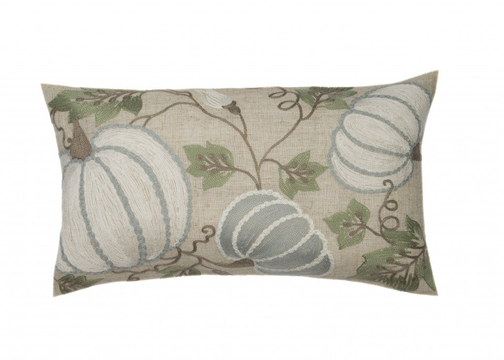 12’ X 20’ Beige and Green Thanksgiving Pumpkin Linen Blend Zippered Pillow With Embroidery - Accent Throw Pillows