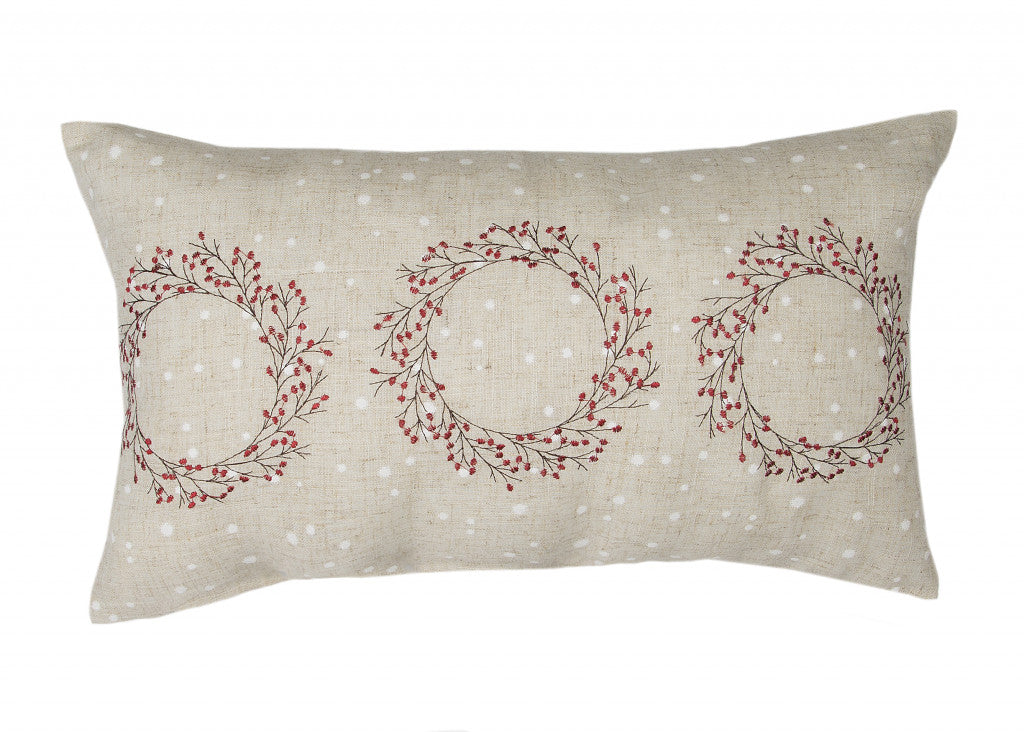 12’ X 20’ Beige and Red Christmas Wreath Linen Blend Zippered Pillow With Embroidery - Accent Throw Pillows