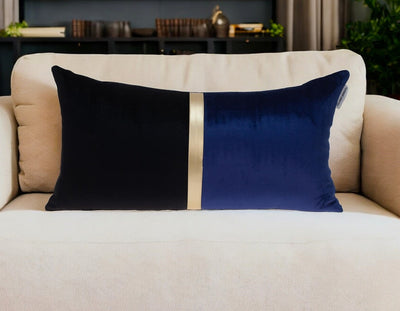 12’’ X 24’’ Black Blue and Gold Striped Velvet Throw Pillow - Accent Throw Pillows