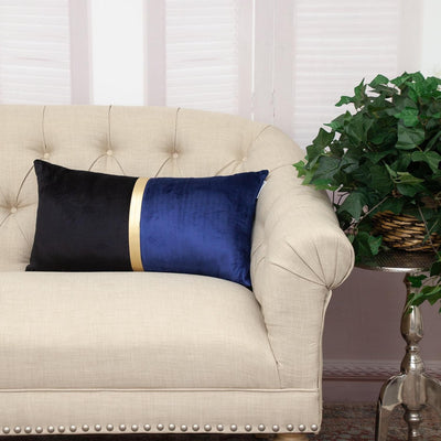 12’’ X 24’’ Black Blue and Gold Striped Velvet Throw Pillow - Accent Throw Pillows