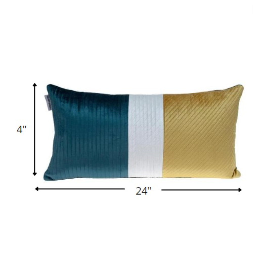 Sea Green and Yellow Quilted Colorblock Velvet Lumbar Throw Pillow - Accent Throw Pillows