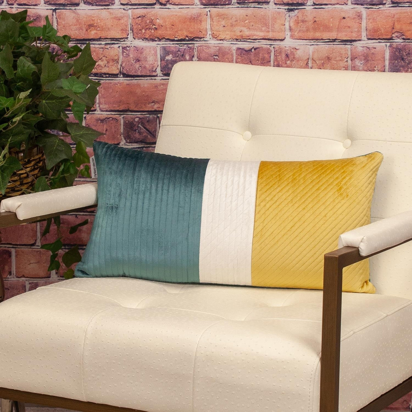 Sea Green and Yellow Quilted Colorblock Velvet Lumbar Throw Pillow - Accent Throw Pillows