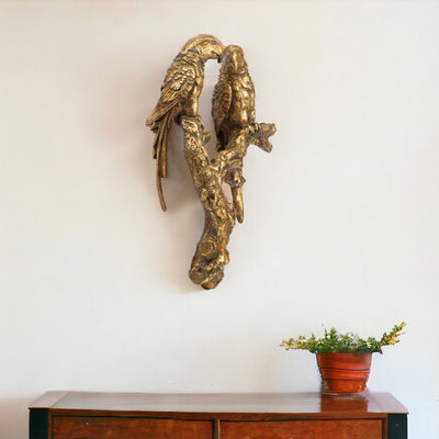 13’’ Antiqued Gold Parrots Sculpture - Wall Decor