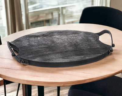 13’’ Black Round Wood and Metal Serving Tray With Handles - Trays