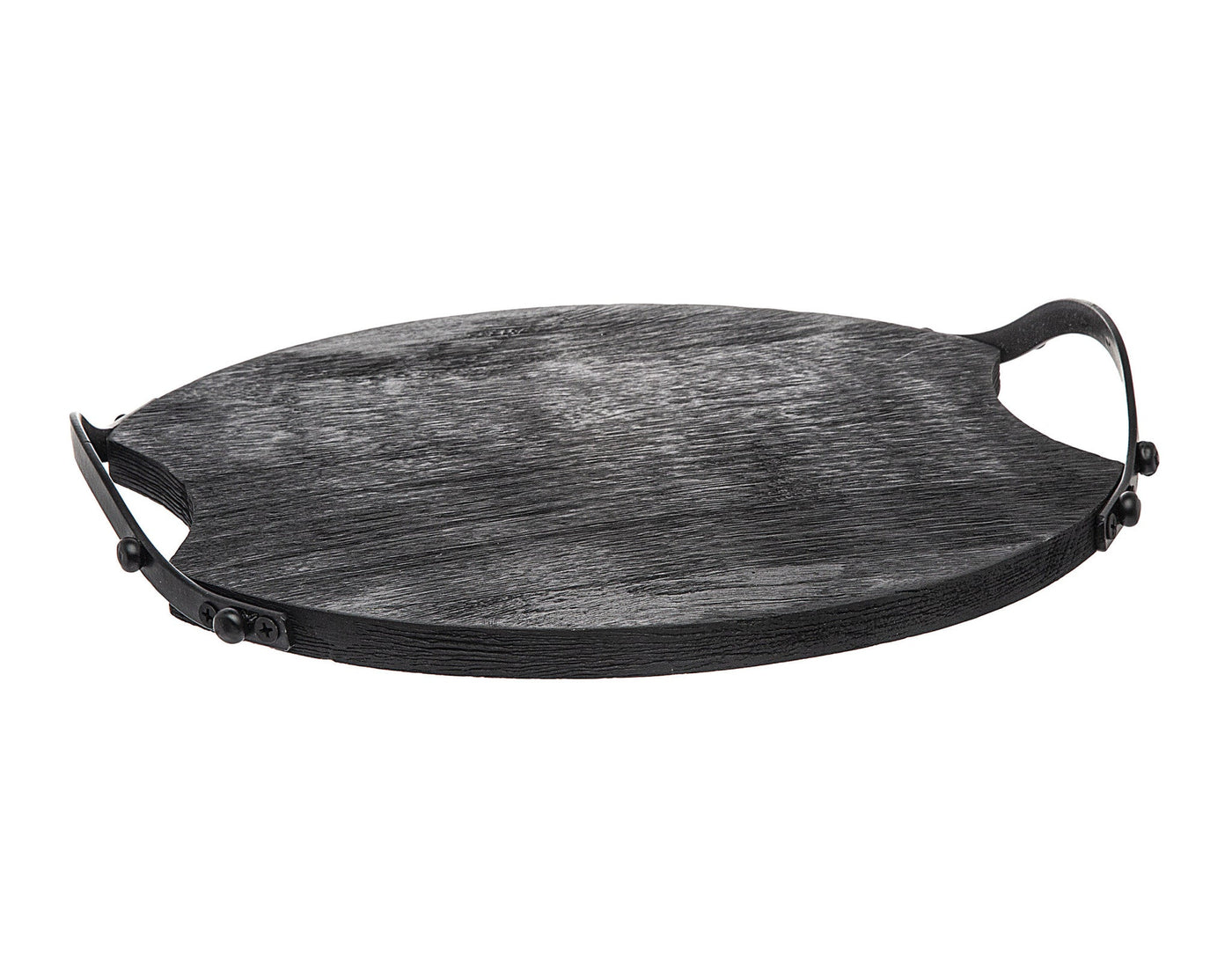 13’’ Black Round Wood and Metal Serving Tray With Handles - Trays