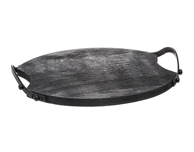 13’’ Black Round Wood and Metal Serving Tray With Handles - Trays